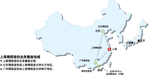 博报堂在中国形成"北京覆盖华北地区,上海覆盖华东,华中地区,广州辐射